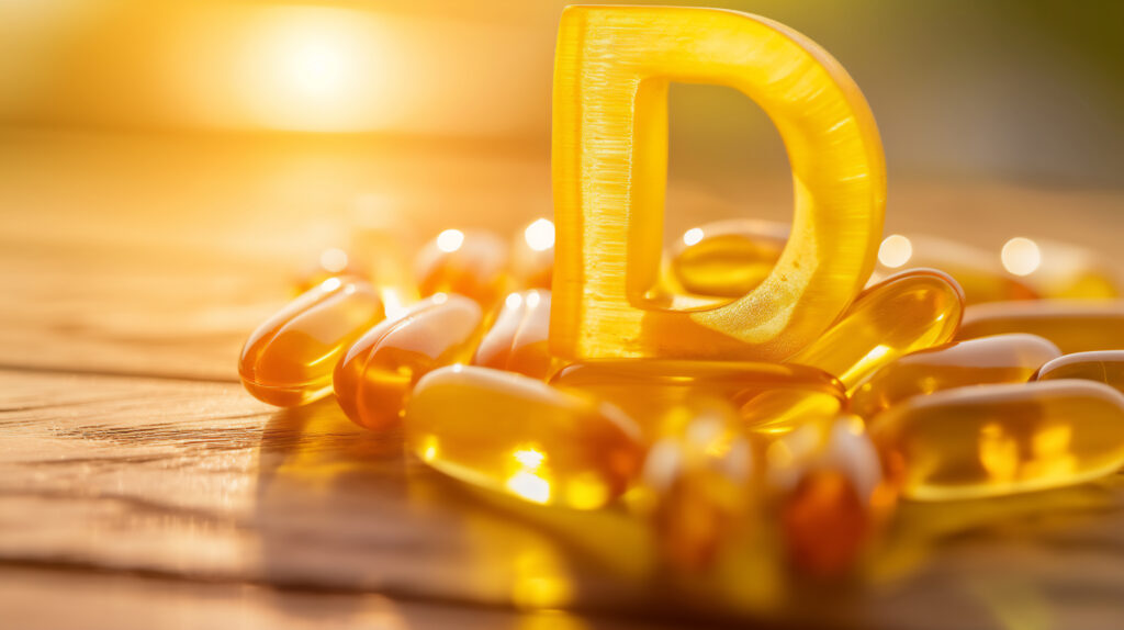 Golden vitamin D capsules surrounding a translucent letter D on a wooden surface, bathed in warm sunlight, symbolizing health and vitality.